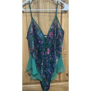 Vintage Victoria's Secret Gold Label Teddy Bodysuit Green Floral Sheer‎ Ruffle L